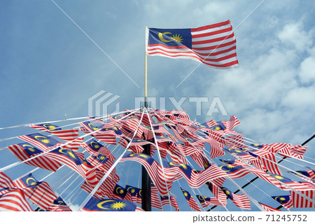 SELANGOR, MALAYSIA -AUGUST 31, 2017: Selective focused small size Malaysia flag tie in large quantities in windy air. SELANGOR, MALAYSIA -AUGUST 31, 2017: Selective focused small size Malaysia flag tie in large quantities in windy air. 71245752