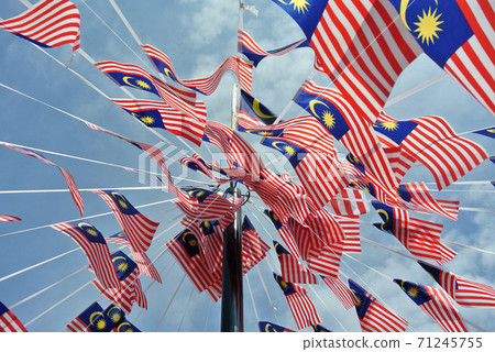 SELANGOR, MALAYSIA -AUGUST 31, 2017: Selective focused small size Malaysia flag tie in large quantities in windy air.  71245755