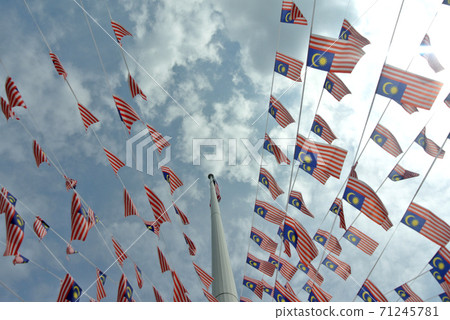 SELANGOR, MALAYSIA -AUGUST 31, 2017: Selective focused small size Malaysia flag tie in large quantities in windy air. SELANGOR, MALAYSIA -AUGUST 31, 2017: Selective focused small size Malaysia flag tie in large quantities in windy air. 71245781