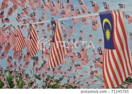 SELANGOR, MALAYSIA -AUGUST 31, 2017: Selective focused small size Malaysia flag tie in large quantities in windy air.  71245785