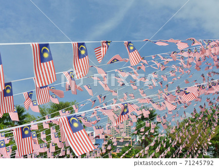 SELANGOR, MALAYSIA -AUGUST 31, 2017: Selective focused small size Malaysia flag tie in large quantities in windy air. SELANGOR, MALAYSIA -AUGUST 31, 2017: Selective focused small size Malaysia flag tie in large quantities in windy air. 71245792
