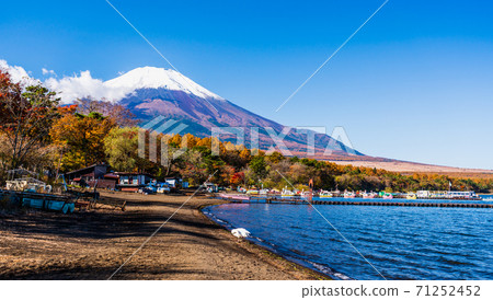 山梨縣秋天的富士山 山中湖秋葉節 朝日丘岡湖邊綠色公園 從湖邊看到的富士山 照片素材 圖片 圖庫