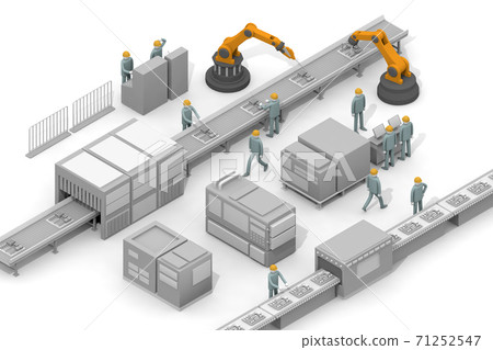 帶式輸送機的工作流程。在工廠工作。操作機器人的人。與同事一起工作。 71252547