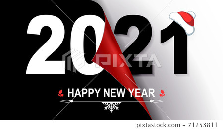 Happy new year 2021 christmas composition in black and white shade, folded leaf in red shade with gradient 71253811