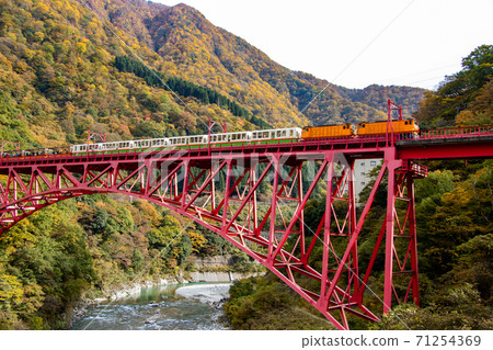 Kurobe trolley train crossing Niiyama Hikobashi Kurobe trolley train crossing Niiyama Hikobashi 71254369