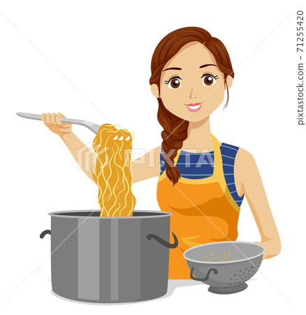 Teen Girl Cook Pasta Colander Illustration 71255420