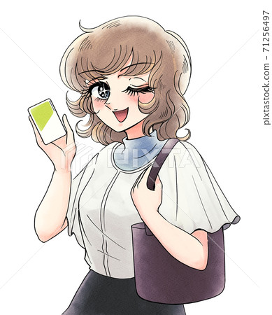 昭和復古的卡通風格，姐姐用IC卡購票 71256497