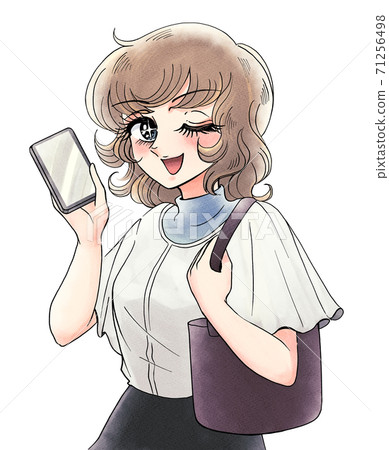 昭和復古的女孩卡通風格,姐姐和智能手機購物 昭和復古的女孩卡通風格,姐姐和智能手機購物 71256498