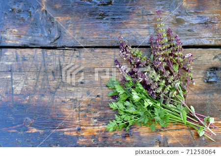 A bunch of fresh parsley and basil sprigs with flowers. On a wooden background. 71258064