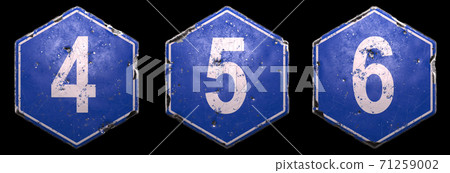 Set of public road signs in blue color with a white number 4, 5, 6 in the center isolated on black background. 3d Set of public road signs in blue color with a white number 4, 5, 6 in the center isolated on black background. 3d 71259002