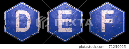 Set of public road signs in blue color with a capital white letter D, E, F in the center isolated on black background. 3d 71259025