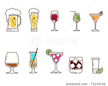 Tableware and different alcoholic drinks icons set. Contour and color of drinks in icons. Vector illustration. Tableware and different alcoholic drinks icons set. Contour and color of drinks in icons. Vector illustration. 71259146