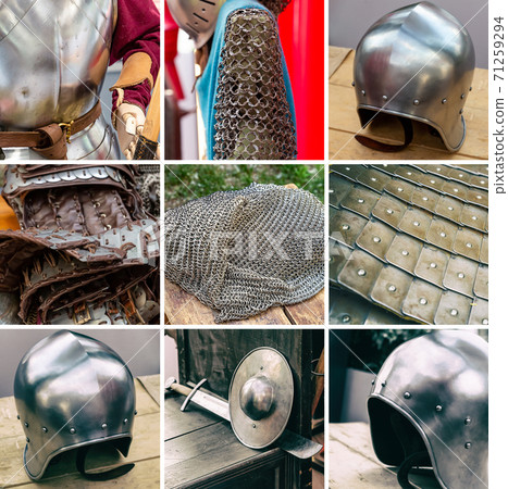collage of military ammunition middle ages vertical helmet, shield and sword and chain mail 71259294