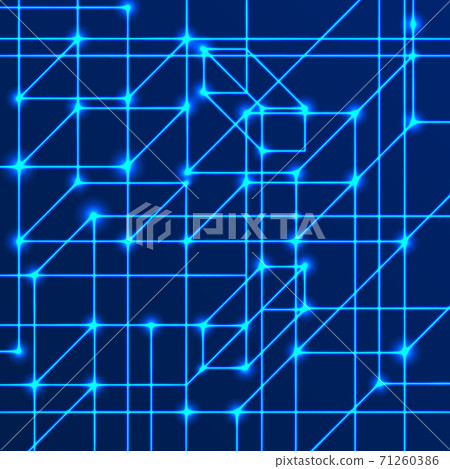 Vector background of bright neon lines with intersection nodes. Data transmission concept of networks and neural networks. Geometric pattern of squares of cubes and volumetric rectangles on a blue 71260386