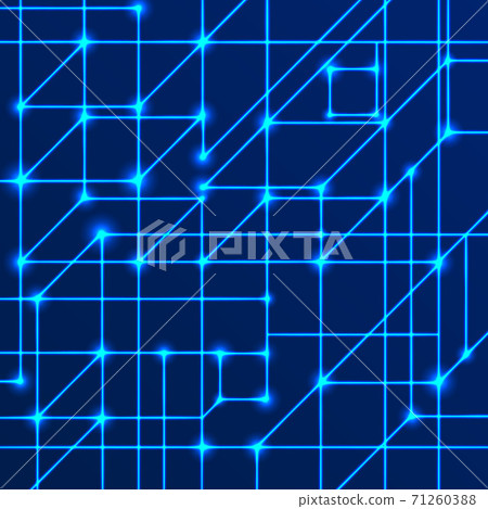 Vector background of bright neon lines with intersection nodes. Concept of data transmission networks and neural networks. Geometric pattern of squares of cubes on a blue background. Vector background of bright neon lines with intersection nodes. Concept of data transmission networks and neural networks. Geometric pattern of squares of cubes on a blue background. 71260388