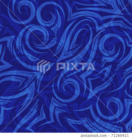 Vector blue seamless pattern of waves or swirl drawn with a brush for decor on a dark background.Smooth uneven lines in the form of spirals of corners and loops. 71260421