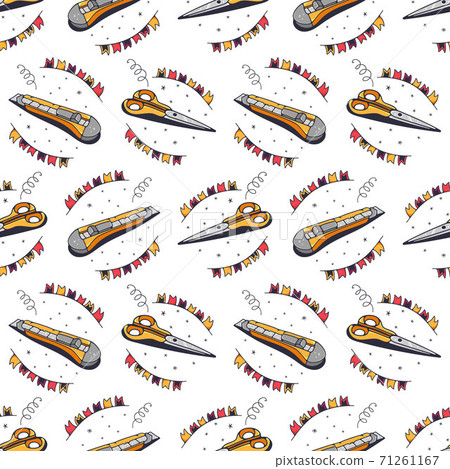 Clerical knife and scissors. Seamless pattern on a white background. Cute vector illustration. 71261167