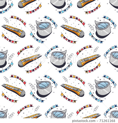 Duct tape and clerical knife. Seamless pattern on a white background. Cute vector illustration. Duct tape and clerical knife. Seamless pattern on a white background. Cute vector illustration. 71261168
