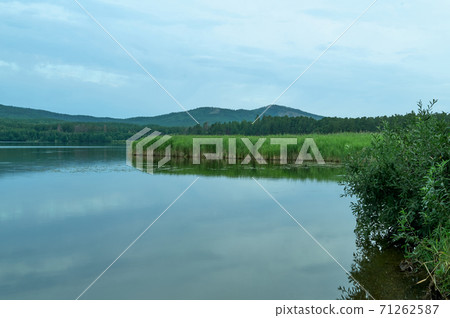 Summer landscape with lake, hills and forest Summer landscape with lake, hills and forest 71262587