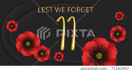 Remembrance day lest we forget. Red poppy flower international symbol of peace on black background. Great for design posters, banner, header for website. Remembrance Day vector illustration 71262907