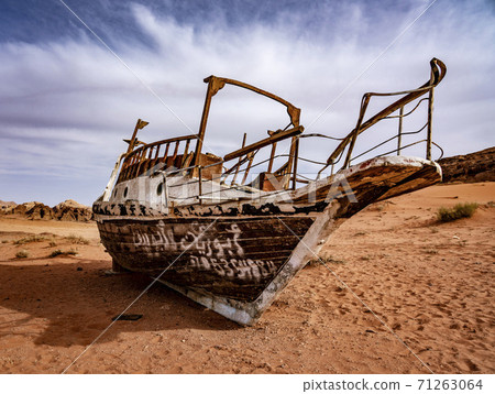 Strange Boat Stuck on Sand Hundres of KM From Nearest Water in Wadi Rum Jordan 71263064