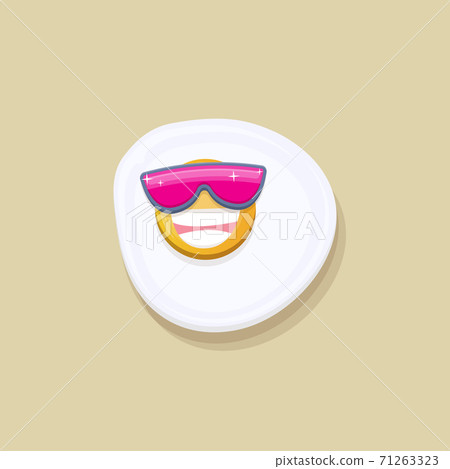 vector funny cartoon fried egg character with sunglasses isolated on grey background. funky smiling morning food fried egg. Good morning concept vector funny cartoon fried egg character with sunglasses isolated on grey background. funky smiling morning food fried egg. Good morning concept 71263323