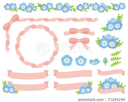 Blue flowers and pink ribbon lines and frames 71264244