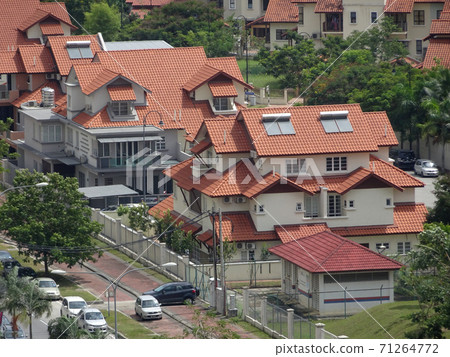 SEREMBAN, MALAYSIA -JULY 08, 2017: Double story luxury terrace house facade in Malaysia  71264772