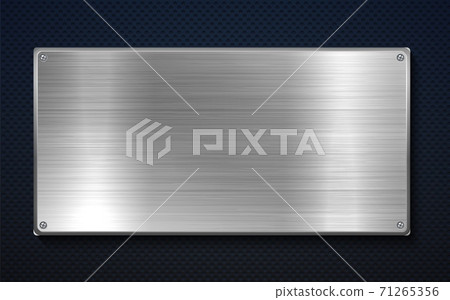 Metal banner. Realistic iron plate. Stainless steel board with silver shine and texture. Metallic surface secured with screws. Platinum blank place for text or logo, vector background 71265356