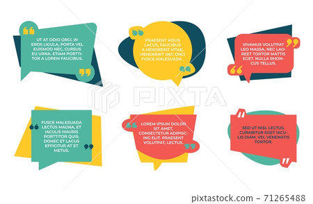 Quotation box. Quote color shapes, speech bubbles with place for text. Frame for comments, round and square forms with copy space. Vector red, yellow and green boxes for lettering set Quotation box. Quote color shapes, speech bubbles with place for text. Frame for comments, round and square forms with copy space. Vector red, yellow and green boxes for lettering set 71265488