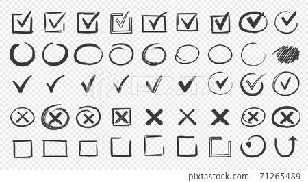 Hand drawn check signs. Doodle empty and filled boxes for answers in test. Checkmarks and crosses, confirmation or negation icons. Checklist marks template, vector voting isolated set Hand drawn check signs. Doodle empty and filled boxes for answers in test. Checkmarks and crosses, confirmation or negation icons. Checklist marks template, vector voting isolated set 71265489