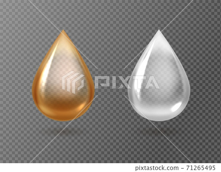 Realistic oil and cream drops. Golden and white droplets on transpatent background, gasoline petrol lubricant, machine grease drip, eco cosmetic fluid, serum or capsule. Vector 3D set 71265495