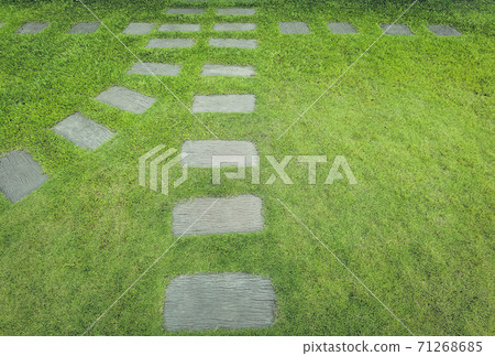Walkway sheet stretching into the distance with green grass lawn in perspective view in garden. Garden landscape design concept, A row of square-shaped walkways in the public park. 71268685