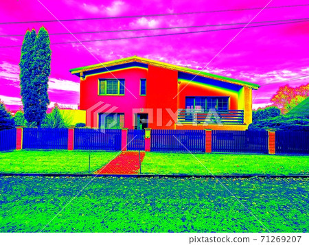 Family house entrance in infrared thermovision display. Building warmth scale Family house entrance in infrared thermovision display. Building warmth scale 71269207