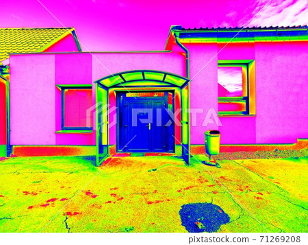 Family house, color highlighting heat loss of building. Heat transfer measurement. Family house, color highlighting heat loss of building. Heat transfer measurement. 71269208