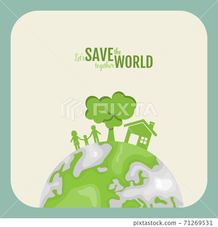 Ecology concept. Paper cut of family and tree on green background. Vector illustration 71269531