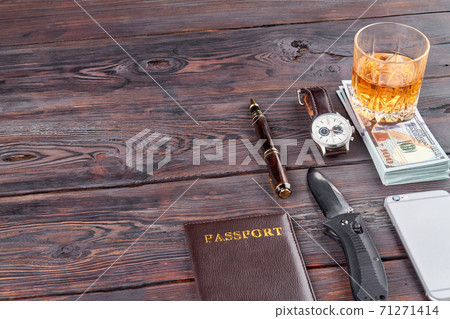 Top view mens accessories on wooden table. Top view mens accessories on wooden table. 71271414