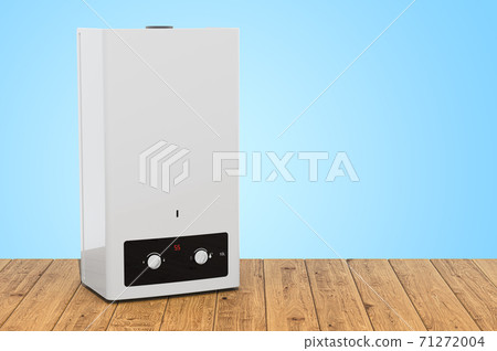 Home gas boiler, water heater on the wooden planks, 3D rendering Home gas boiler, water heater on the wooden planks, 3D rendering 71272004