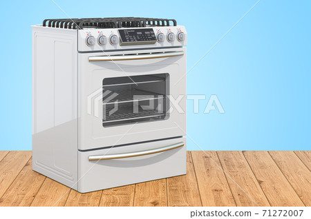 Gas range with oven on the wooden planks, 3D rendering 71272007