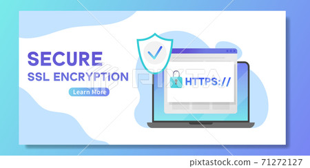 Secure SSL encription banner. Laptop with opened web browser and safety HTTPS - internet communication protocol that protects confidentiality of users data. Concept of online security 71272127