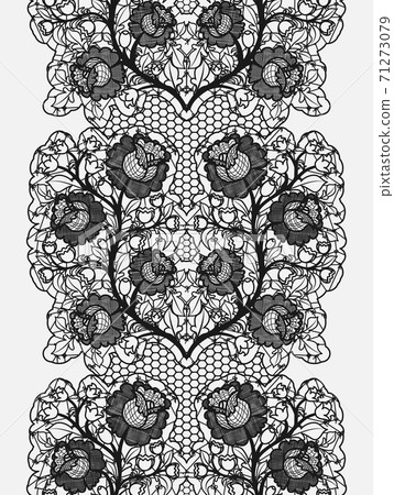 Lace seamless belt with embroidered flowers. Vertical black pattern on a white background. Lace seamless belt with embroidered flowers. Vertical black pattern on a white background. 71273079