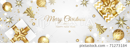 Christmas vector background. Creative design greeting card, banner, poster. Top view xmas decoration balls and snowflakes. 71273184