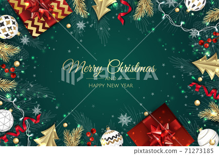 Christmas vector background. Creative design greeting card, banner, poster. Top view xmas decoration balls and snowflakes. 71273185