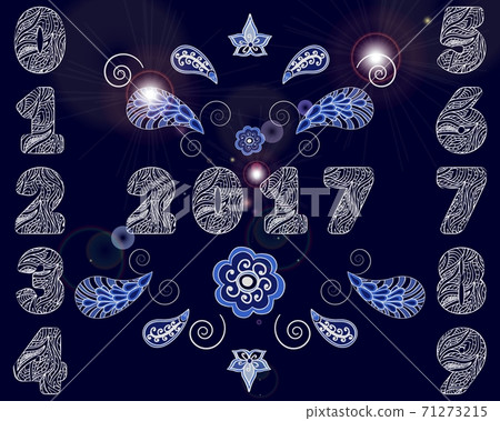 2017 Happy New Year background with set of decorated painted figures and Paisley fireworks. 71273215