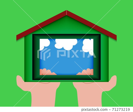 Cut out of paper in the form of a house. The idea of ecological construction. Cut out of paper in the form of a house. The idea of ecological construction. 71273219