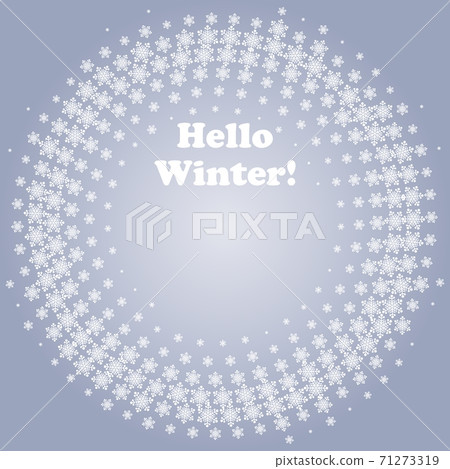 White Circle Hello winter on Blue Background. White Halftone Snowflakes frame. White Circle Hello winter on Blue Background. White Halftone Snowflakes frame. 71273319