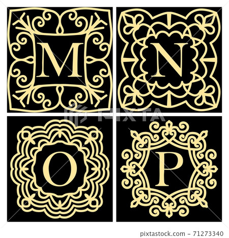 Set of monograms for cards, wedding invitations, menus, labels. Graphic design emblems, business sign, boutiques, cafes, hotels. Collection of design elements for the letters M, N, O, P Golden icons 71273340