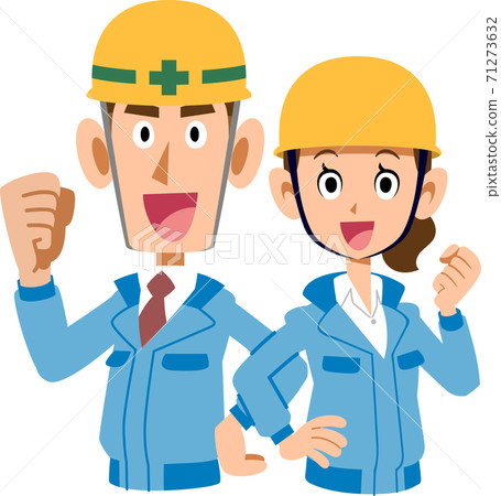 男人和女人的上身穿著藍色工作服和膽量背靠背擺姿勢 71273632