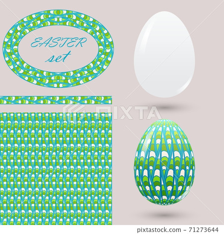 Set with green Easter eggs and design elements zenart style. Bright spring color ornamental brush seamless pattern and frame for design announcements, greeting cards, posters, advertisement. 71273644