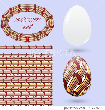 Set with Easter eggs and design elements in the style of zenart. Stylish vintage color Handmade decorations for design announcements, greeting cards, posters, advertisement. Set with Easter eggs and design elements in the style of zenart. Stylish vintage color Handmade decorations for design announcements, greeting cards, posters, advertisement. 71273645